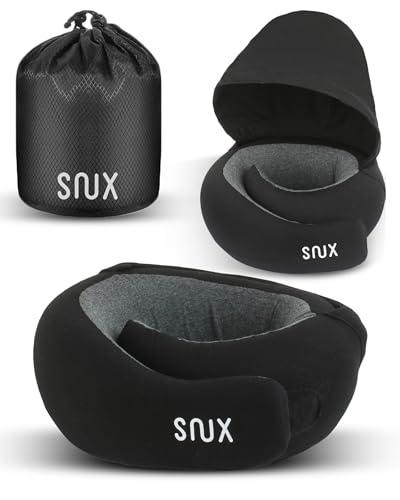 Snux Travel Neck Pillow with Hood - Memory Foam Neck Pillow - Hooded Travel Neck Pillows for Airplanes Car Rides & Home Relaxation (Black)