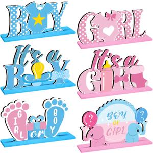 Suzile 6 Pcs Baby Gender Reveal Centerpieces Table Wooden Decorations Blue Pink Gender Reveal Party Decor for Unisex He or She Boy or Girl Baby Shower Pregnancy Announcements Newborn Party Supplies Footprint, Multi Color