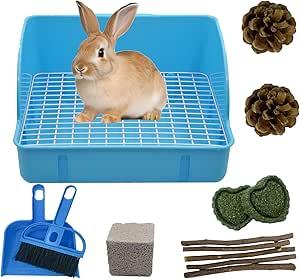 Rabbit Litter Box for Cage, Bunny Potty Trainer Corner Guinea Pig Plastic Square Grate Toilet, Pet Bedding Litter Box for Small Animal Ferret Hamster Hedgehog (Blue)