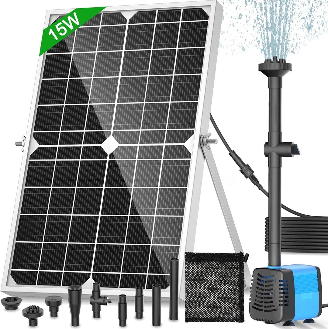 Solar Pond Pump, 15W Solar Fountain Pump with 190GPH Flow & 4 Spray Styles, 16.5Ft Extendable Power Cord, Debris Barrier Bag for Outdoor Fountain, Ponds, Fish Tank, Waterfall, Garden Water Features