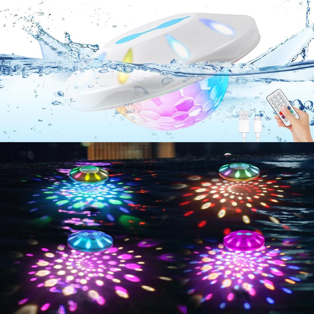 Floating Pool Lights(4 PACK), Pool Lights for Inground Pools with 6 Dynamic Lighting Effects, Rechargeable IP68 Waterproof RGB Upper and Lower Color Changing Pool Lights that Float for Hot Tubs
