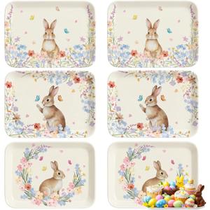 6 Pcs Easter Serving Trays 13 x 10 Inch Watercolor Bunny Reusable Platters Rabbit Flowers Rectangular Dishes for Serving Food Candy Cookies Desserts Spring Happy Easter Party Supplies