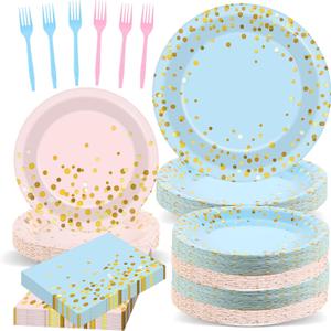 OBUSATT 192PCS Gender Reveal Party Supplies Baby Shower Party Tableware Gender Reveal Plates and Napkins Plastic Forks Boys Girls Blue and Pink Paper Plates for Baby Shower Wedding Birthday 48 Guests