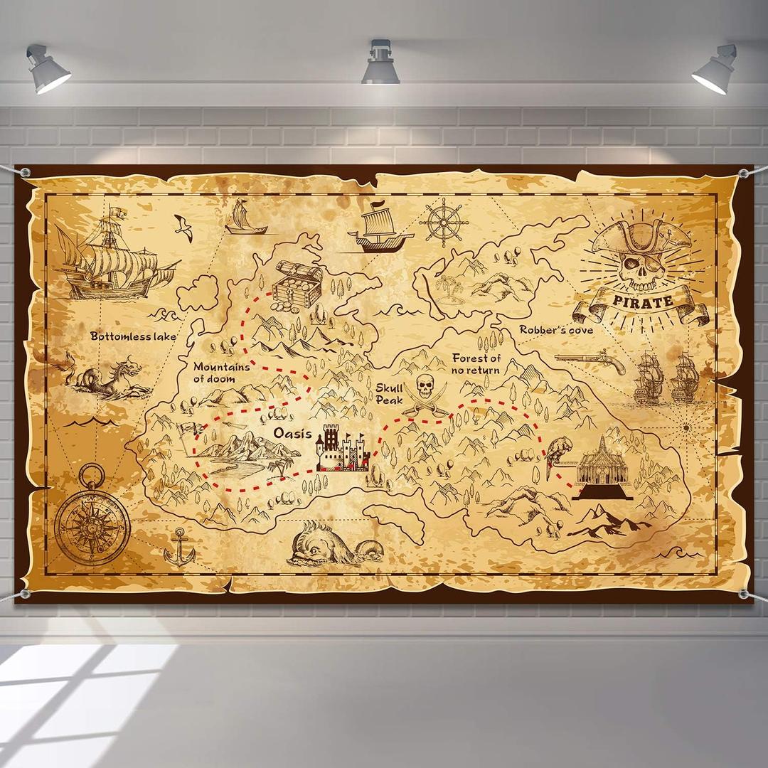 Blulu Pirate Theme Background Jewelry Map Banner Photography Background School Party Carnival Birthday for Great Party Decoration