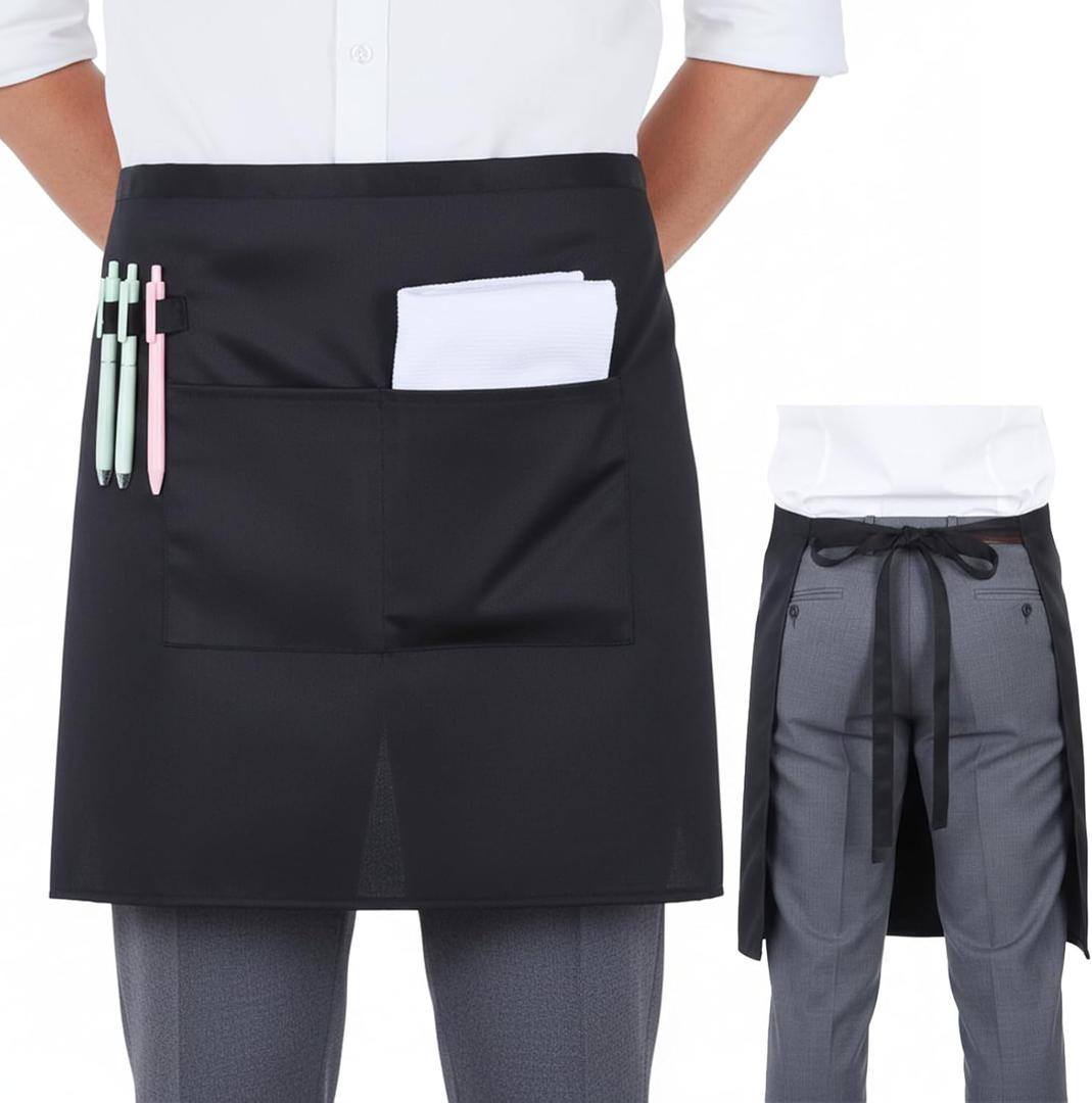 Chef Work Server Apron with 2 Pockets Black Half Aprons Chef Waist Apron Waitress Restaurant Aprons for Men, Women, Home (Black)