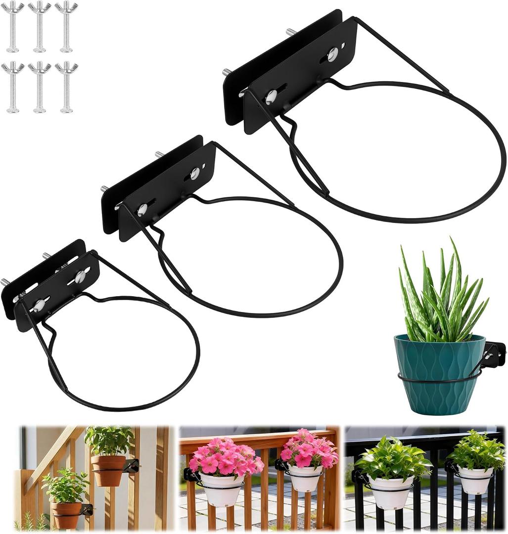 Railscapes Plant Holder Between Rails - 3pc Heavy Duty Hanging Plant Holder Adjustable Width Rail Scapes for Plants Railings Metal Hanging Plant Pot Stand for Balcony Patio and Stair