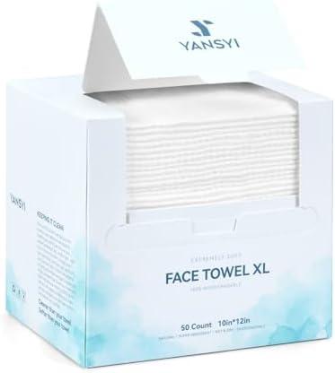 Pack of 2 Yansyi Face Towels XL, 80g/m² Extra Thick, 10"x12" Ultra soft Biobased Cleansing Cloth, Diposibale Make up Remover, Gentle Wipe for Sensitive Skin, 50 Ct, 1 Pack