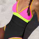 popvil One Piece Swimsuit for Women Tummy Control Bathing Suit V Neck Slimming Neon Color Block Swimwear (Black, L)