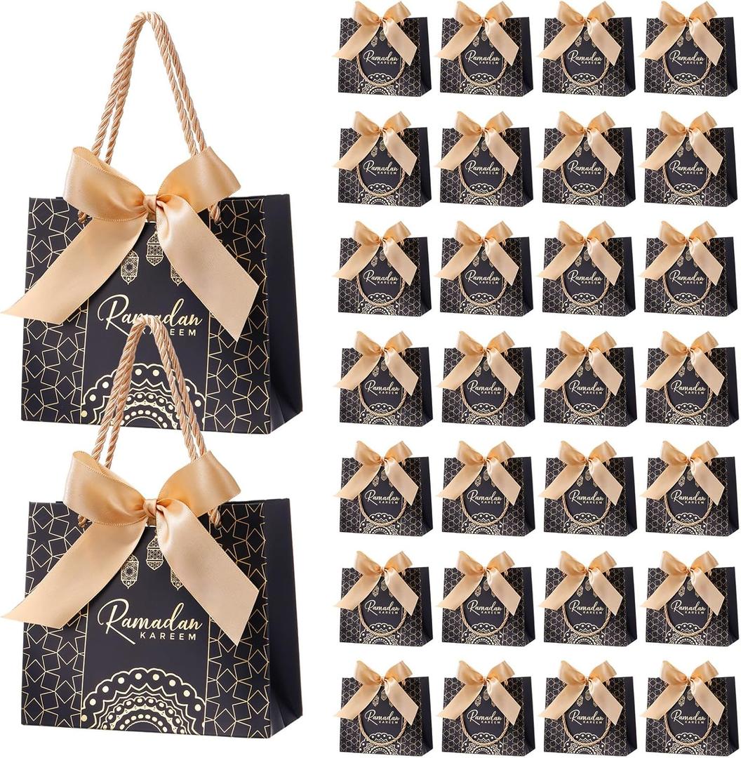 Marspark 30 Pcs Ramadan Mubarak Reusable Gift Bags with Bow, Black Gold Foil Stamping, Eid Mubarak Treat Bags with Handles, Reusable Eid Basket for Gifts Wrapping, Kareem Party Supplies, 14*6*12cm