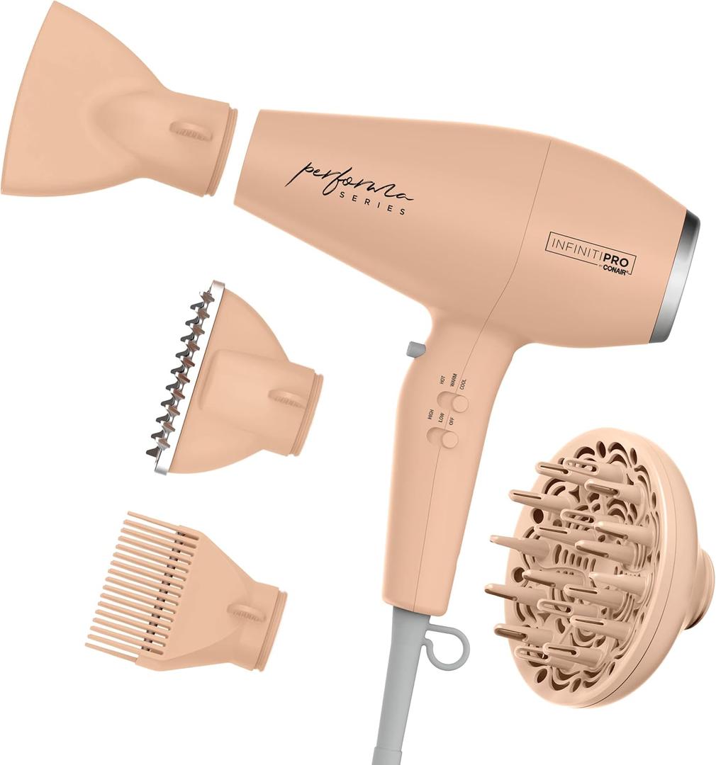 Conair Infiniti Pro Hair Dryer with Diffuser plus 3 Other Attachments | Performa Series Hair Dryer | Blow Dryer with Professional Performance Motor | Blush Pink (1 Count( Pack of 1))
