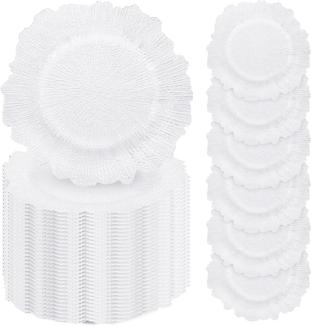 50 Pcs White Charger Plates Bulk, 13" Reef Plate Chargers
for Dinner Plates, Plastic Floral Decorative Plates, for Table Setting, Wedding, Christmas, Party, Event, Decoration