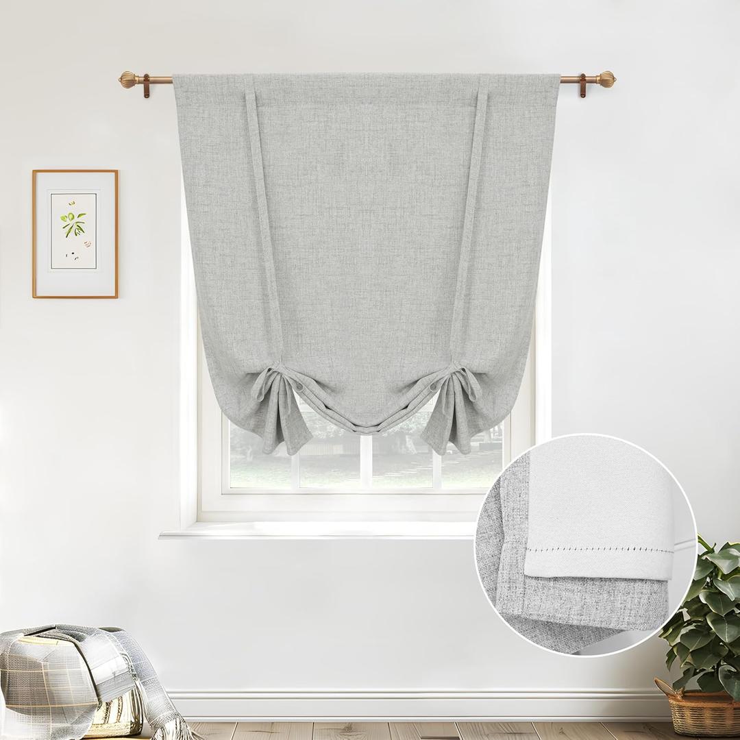 DriftAway Double Layer Linen Blackout Tie Up Curtains Thermal Insulated Fully Lined Balloon Roman Shade Bathroom Window Adjustable Rod Pocket for Small Window 39 Inch by 55 Inch Gray (Grey)