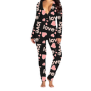 Women Sexy Bodycon Onesie Pajama Heart Print Long Sleeve Button V Neck Jumpsuit One Piece Romper Valentines Sleepwear, Small