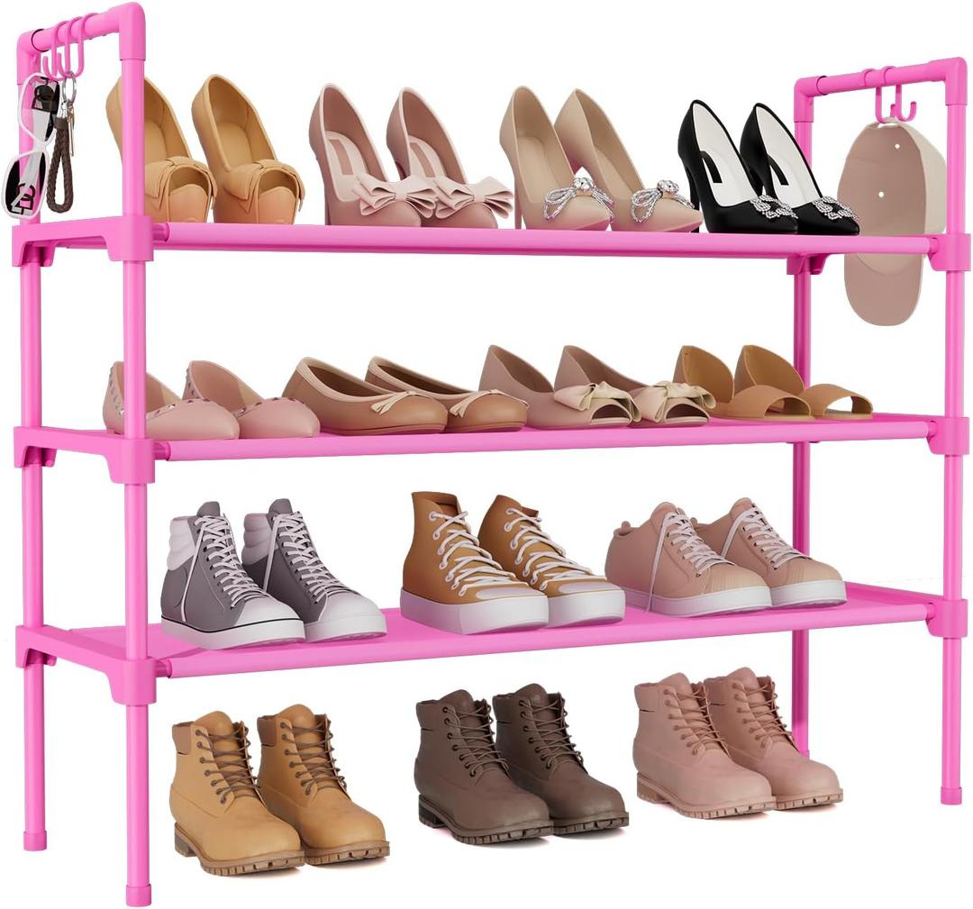 LANTEFUL 3 Tier Shoe Rack for Closet, Shoe Organizer with 5 Hooks, Long Shoe Shelf Storage for Shoe and Boot Stackable Free Standing Shoe Rack for Entryway, Garage, Small Spaces, Dorm, Pink