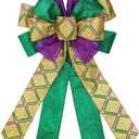 Purple Green Glitter Plaid Mardi Gras Bows for Wreaths - Large Mardi Gras Decor for Home Garden Indoor Outdoor Decoration