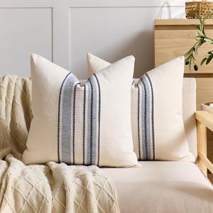 Striped Linen Textured Throw Pillow Covers 18x18 Inch Set of 2,Boho Decorative Cushion Covers, Neutral Navy Blue Accent Pillowcases for Couch, Sofa, Bed Farmhouse & Modern Living Room Decor