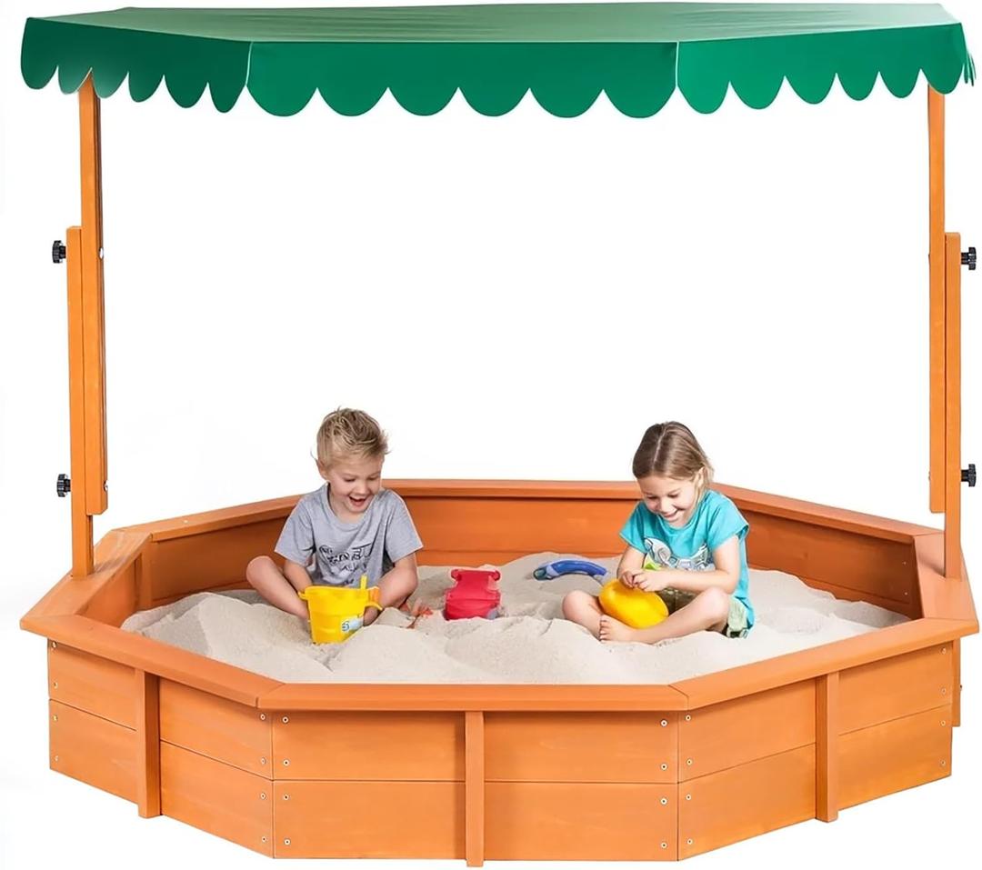 Sandbox with Lid Wood Toddler Sand Boxes with Canopy for Backyard Garden Octagonal Sandbox with Cover Outdoor Playhouse with Adjustable Lid for Aged 3-10 Years Old