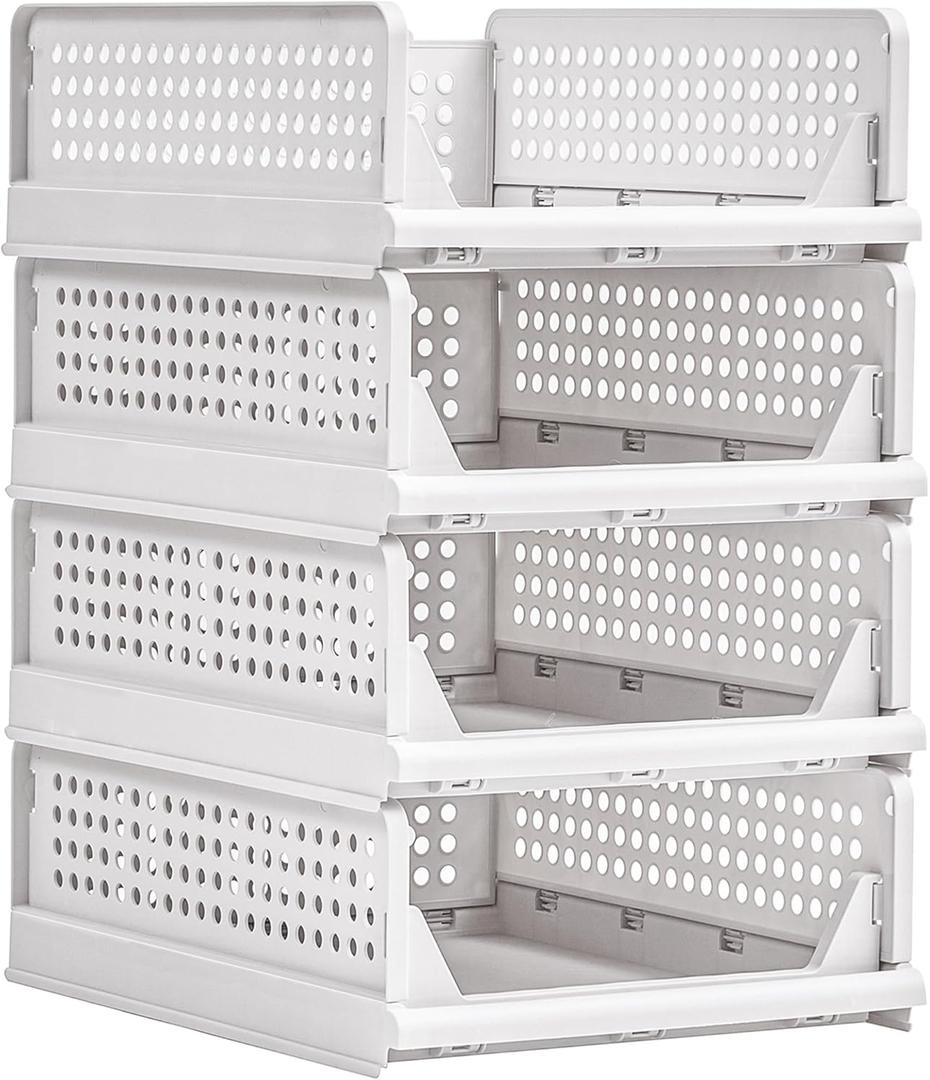 VECELO 4 Pack Plastic Closet Shelf Organizer, Stackable Sweater Storage Closet Drawers, Foldable Wardrobe Organizer, Easy Assembly, Durable and Space Saving for Closet, Bathroom, Kitchen, Gray (16.93*12.99*22.04")