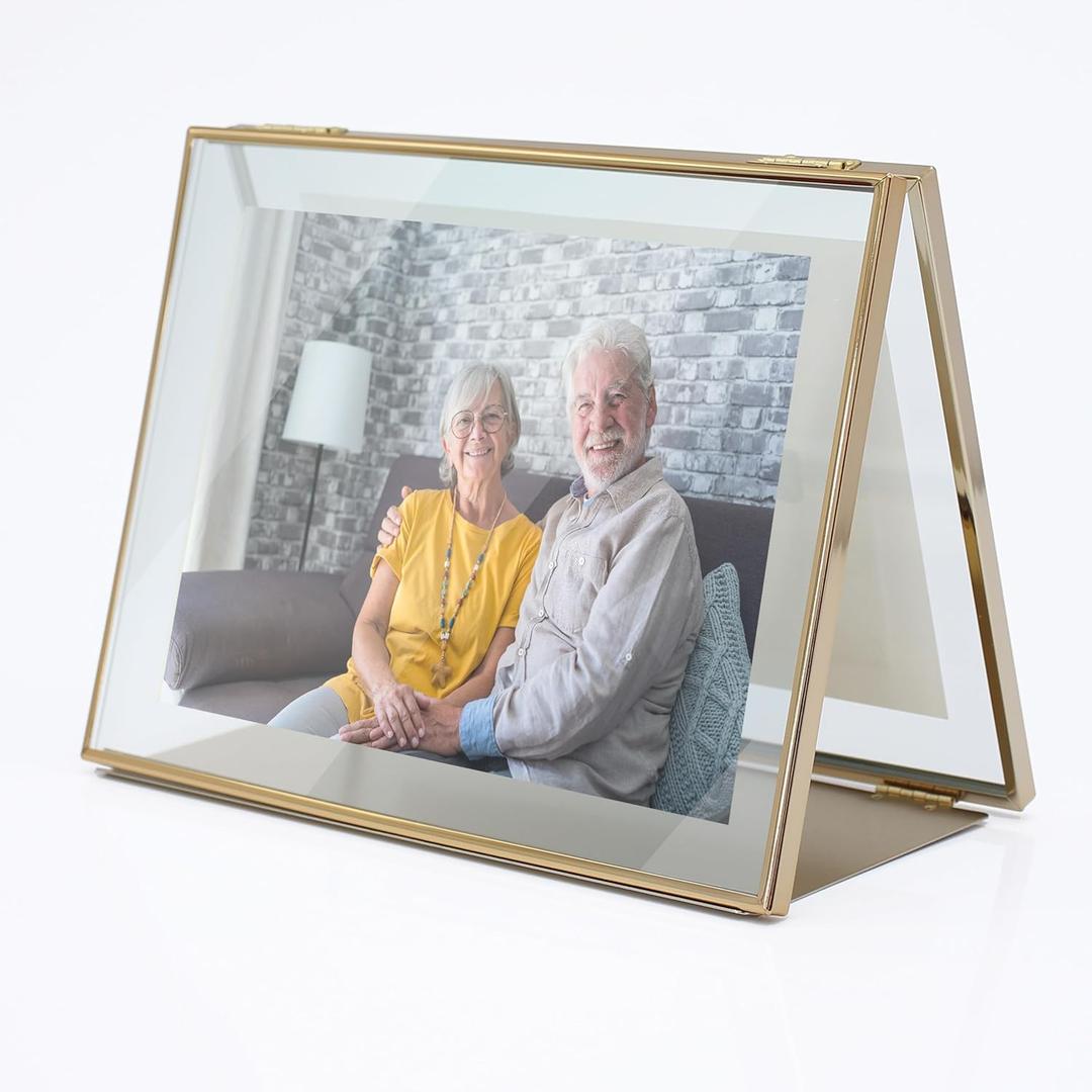 MIMOSA MOMENTS Collapsible Double-side Brass Metal Floating 5x7 Picture Frame, Tabelop Photo Frame Display 2 pcs 12 x18 cm Horizontal Photo