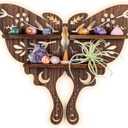 ANROYE Luna Moth Crystal Shelf Display, Boho Pine Wood Wall Floating Shelves with Light for Gem Stone Essential Oil Storage, Bohemian Wooden Butterfly Hanging Witch Rustic Decor Holder