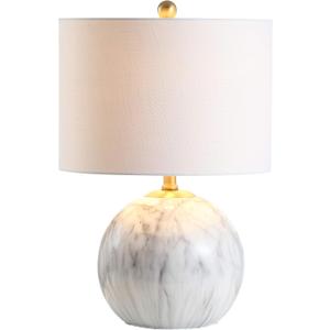 JONATHAN Y 21.5" White/Brass Gold Faux Marble Resin Table Lamp, Glam Geometric Sphere Base for Living Room Bedroom, White Linen Drum Shade, UL Listed, LED Bulb Included JYL1064A