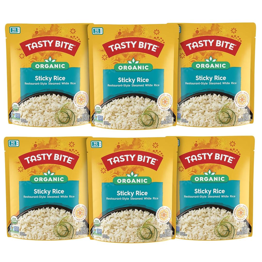 Tasty Bite Organic Sticky Rice, 8.8 Ounce, Pack of 6, Ready to Eat, Microwavable, Vegan, Gluten-Free (EXP 08/31/27)