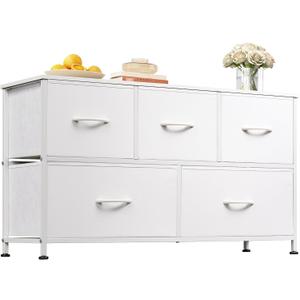 WLIVE Dresser for Bedroom with 5 Drawers, Wide Chest of Drawers, Fabric Dresser, Storage Organization Unit with Fabric Bins for Closet, Living Room, Hallway, White, 11.81"D x 39.37"W x 21.65"H