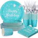 175PCS Teal Party Decorations Teal Birthday Plates and Napkins Party Supplies Includes Disposable Paper Plates and Napkins, Cups, and Plastic Silverware for Birthday, Baby Shower, Serve 25 Guests