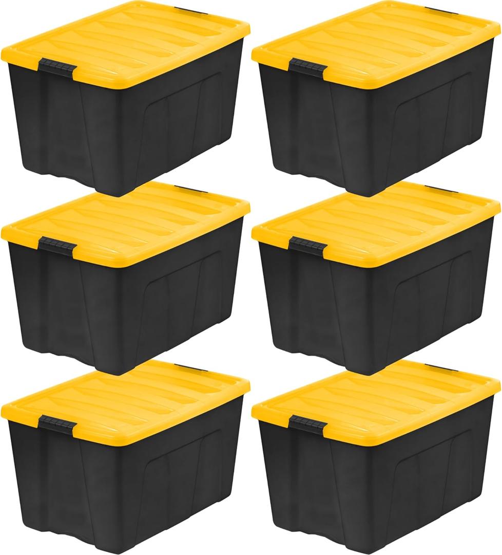 IRIS USA 72 Qt Stackable Plastic Storage Bins with Lids, 6 Pack - BPA-Free, Made in USA - Garage Organizing Solution, Latches, Durable Nestable Containers, Secure Pull Handle - Black/Yellow