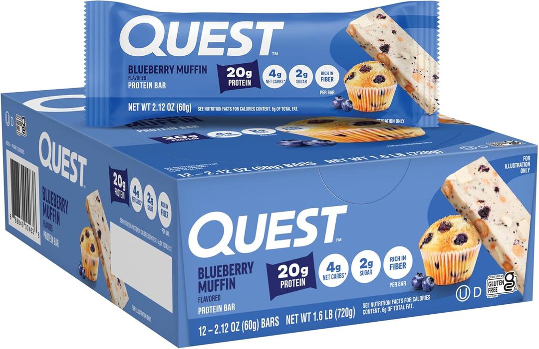 Quest Nutrition Blueberry Muffin Protein Bars, 20g Protein, 2g Sugar, 5g Net Carb, High Fiber, Gluten Free, Keto Friendly, 12 Count (EXP 05/27/27)