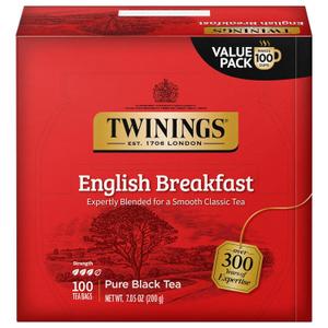 Twinings English Breakfast Black Tea Individually Wrapped Bags, 100 Count (Pack of 1), Smooth, Flavourful, and Robust, Caffeinated, Enjoy Hot or Iced, 100 Teabags 

Best By 09/Mar/2028