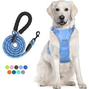 PoyPet No Pull Dog Harness and 5 Feet Leash Set, Release on Neck Reflective Adjustable Pet Vest, Front & Back 2 D-Ring and Soft Padded Pet Harness with Handle for Small to Large Dogs(Light Blue,XL)