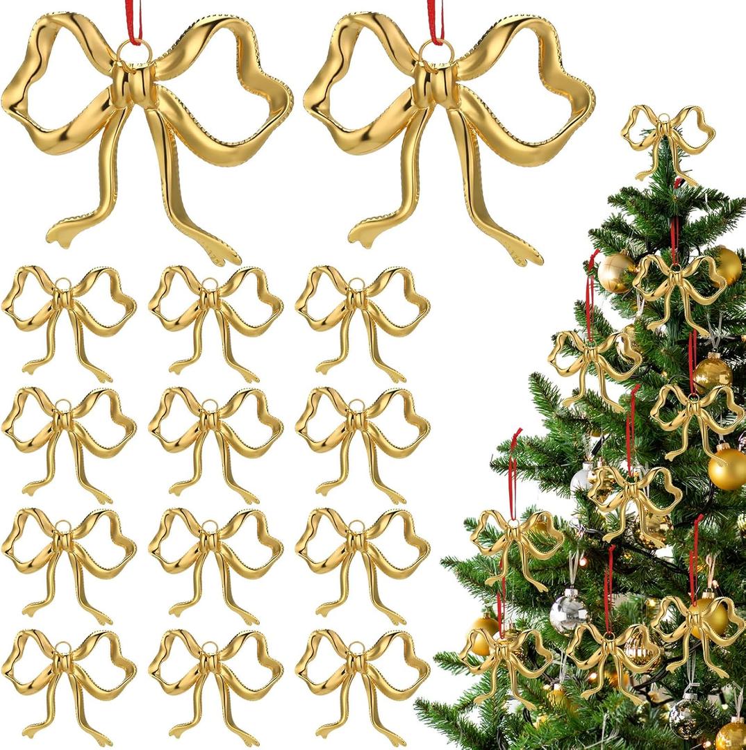 Tondiamo 12 Pcs Christmas Metal Bow Ornaments Gold Bow Decoration for Christmas Tree Topper Garland Fireplace Wreath Xmas Tree Hanging Ornaments Home Indoor Outdoor