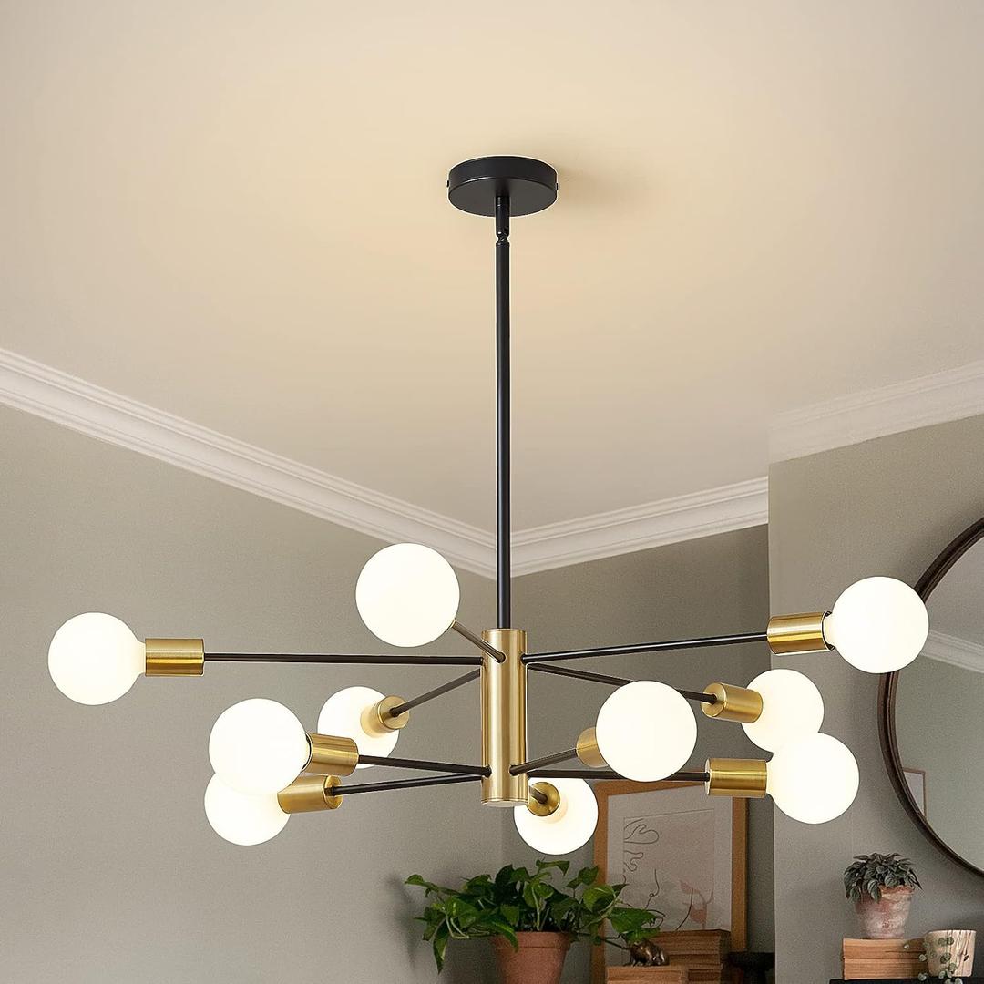 Sputnik Chandeliers Modern Black and Gold Chandeliers 10-Light Mid Century Farmhouse Chandelier Ceiling Light Fixture Height Adustable Pendant Light for Kitchen Island Living Room Dining Room, Matt Black and Gold, 10 Light