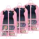 Kids Garment Bags for Dance Costumes, 40" Dance Garment Bags for Dancers with 4 Clear Zipper Pockets, Foldable Dance Competition Garment Bags for Hanging Clothes, 3 Pack, Pink