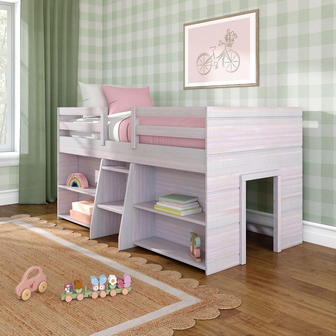 Max & Lily Modern Farmhouse Low Loft Bed, Twin Bed Frame for Kids with 2 Bookcases, White Wash