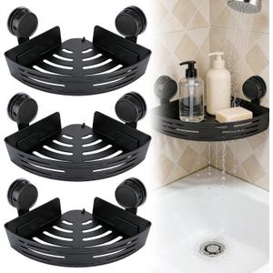 2026 New Triangle Suction Cup Corner Shower Shelf  No Drilling Bathroom Storage Rack with Towel Bar, Adhesive Organizer for Corners, Black, 3Layer Design
