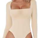 QINSEN Bodysuit Shirts for Women Square Neck Long Sleeve Shirt Double Lined Tops Marzipan XS
