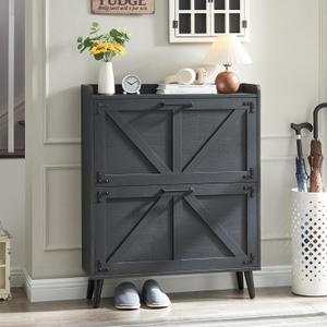 Shoe Storage Cabinet with 2 Flip Drawers, Farmhouse Hidden Shoe Organizer, Narrow Slim Shoe Rack Cabinet for Entryway Hallway,Black