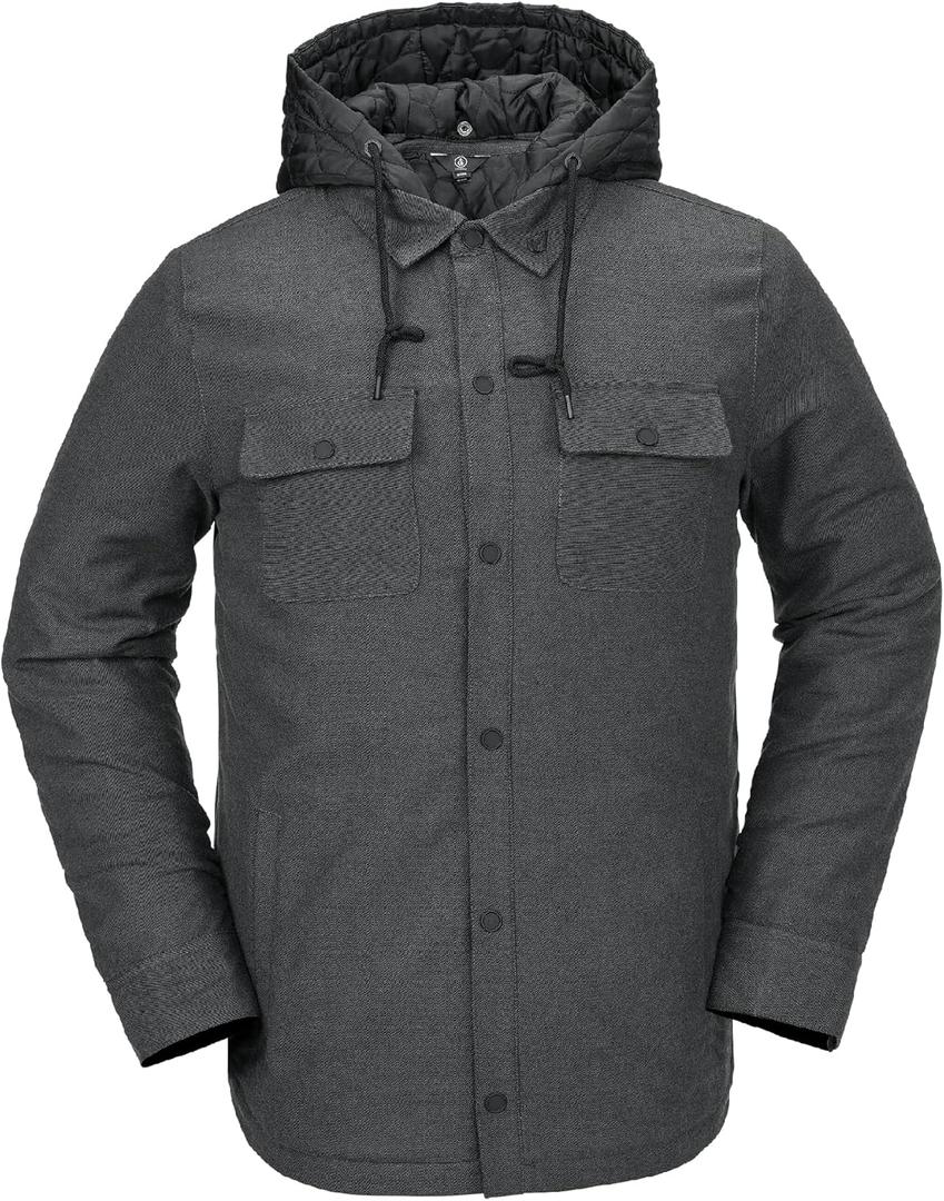 Volcom Men's Field Insulated Flannel Hooded Snowboard Shirt Jacket (Large, Heather Black S5)