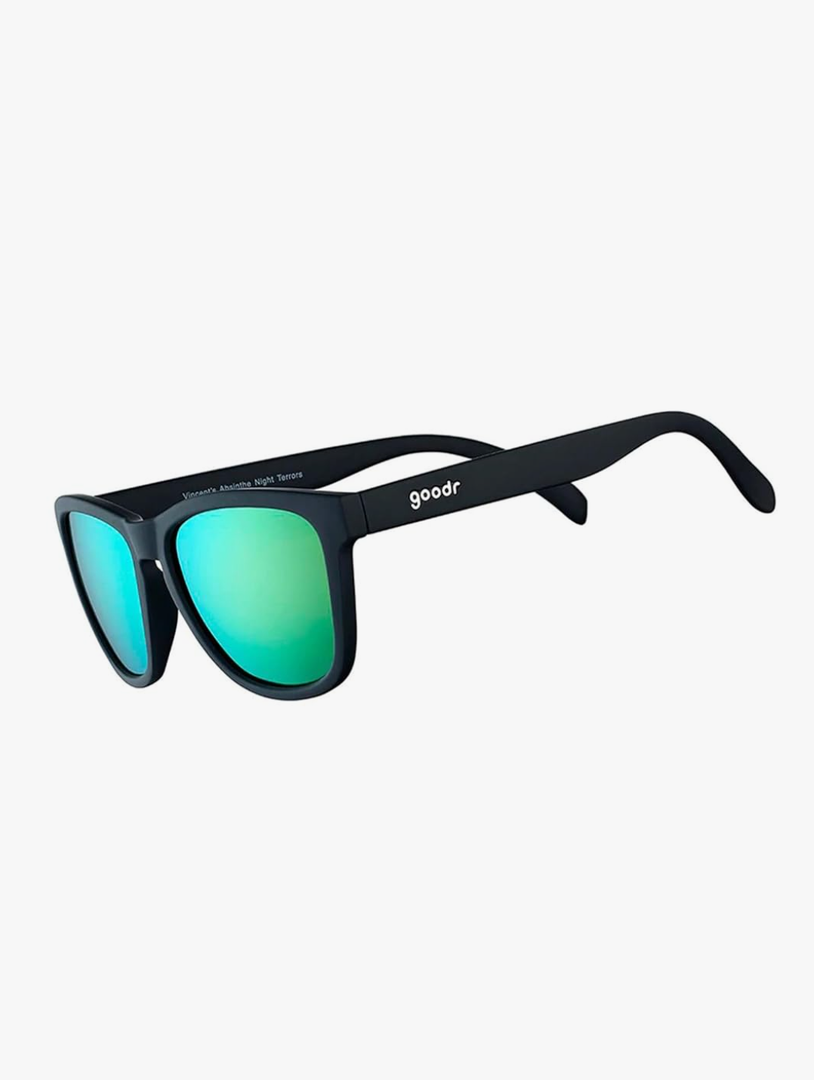 goodr Vincent's Absinthe Night Terrors Polarized Sunglasses for Men & Women, Medium Sized (OG), Black Solid Frame with Green Gold Mirrored Reflective Lenses, UV400 Protection, No Slip, No Bounce