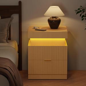 Wooden Nightstand with Charging Station & LED Lights, Modern Fluted Bedside Table with Sliding Top & Drawers for Bedroom & Living Room, Natural Oak, 17.7 inches x 15.7 inches x 22 inches