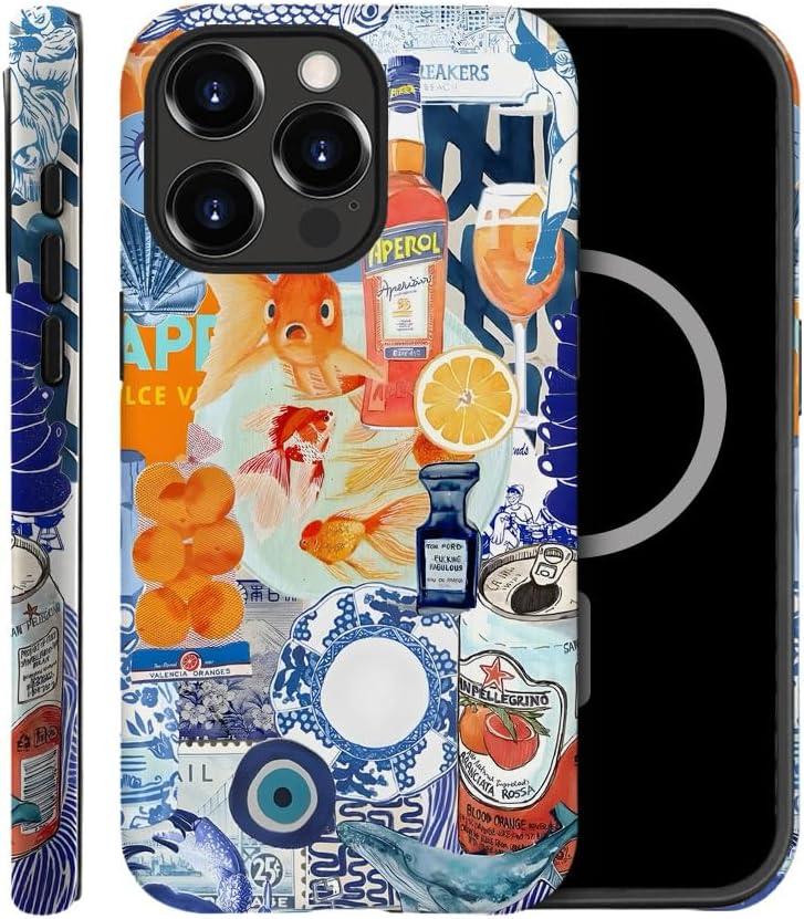 Case Compatible with iPhone 15 Pro Max,Compatible with MagSafe,Fall Prevention Hybrid 2-Layer Hard Shell Cases for Girls Boys,Fish Orange Collage European
