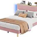 Bestier Twin Bed Frame with Adjustable Headboard & LED Lighting, Corduroy Upholstered Platform Bed Frame with Storage Shelf, Solid Wood Slats, No Box Spring Needed, Never Squeak, Easy Assembly, Pink