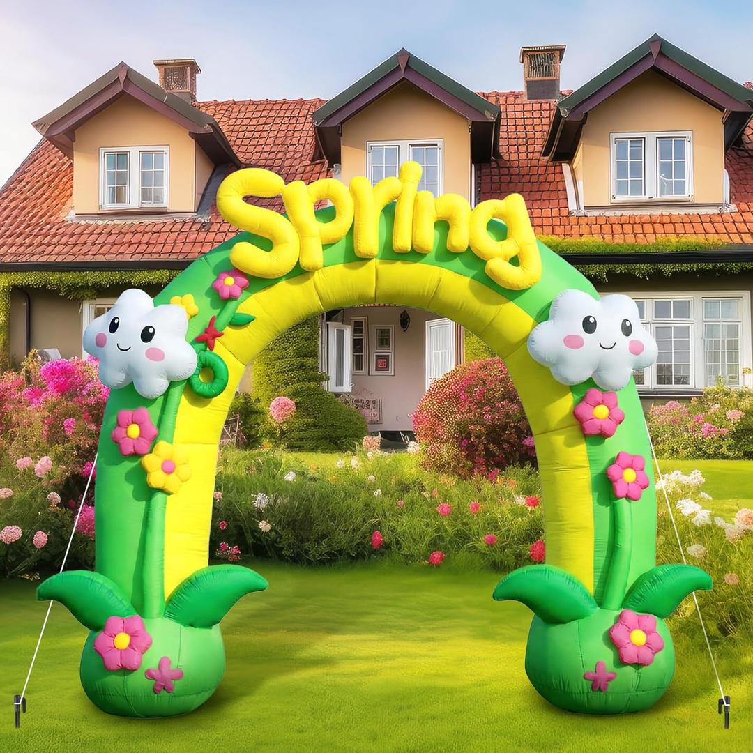 Syhood 11ft Spring Inflatable Flower Arch with Cloud Outdoor Decorations Blow up Green Archway with LED Lights for Spring Summer Outdoor Event Birthday Holiday Party Garden Lawn Decoration