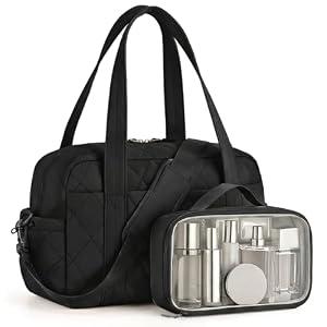 Percover Weekender Bag for Women, Ultra Lightweight Travel Duffle, Carry On Personal Item Overnight Bag with Toiletry Pouch & Compartments, Quilted Gym & Travel Bag, Midnight Black