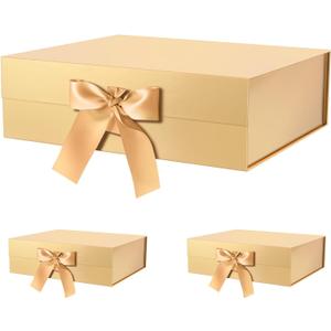 GREEN BEAN 3 Extra Large Gift Box with Lid for Present 16.3x14.2x5 Inches, Fathers Day Gold Magnetic Gift Box with Ribbon, Shirt Gift Boxes for Clothes (Glossy Gold)