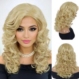 GNIMEGIL Long Blonde Curly Wigs Golden Blond Tones 22 Inch Long Wavy Synthetic Full Hair With Bangs 80s Vintage Costume Wigs For Women Highlights Halloween Wig
