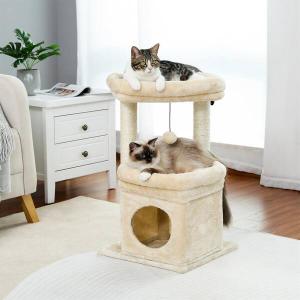 Cat Tree Tower for Indoor Cats with Private Cozy Condo, Natural Sisal Scratching Posts and Plush Pom-pom Small