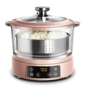COOK WITH COLOR 3L Glass Mini Low Carb Rice Cooker Holds 2 Cups Raw/Makes 6 Cups Cooked with Auto Lift Filter Basket, Hotpot & Steamer for Rice, Grains, Digital Panel with Keep Warm, Dusty Rose